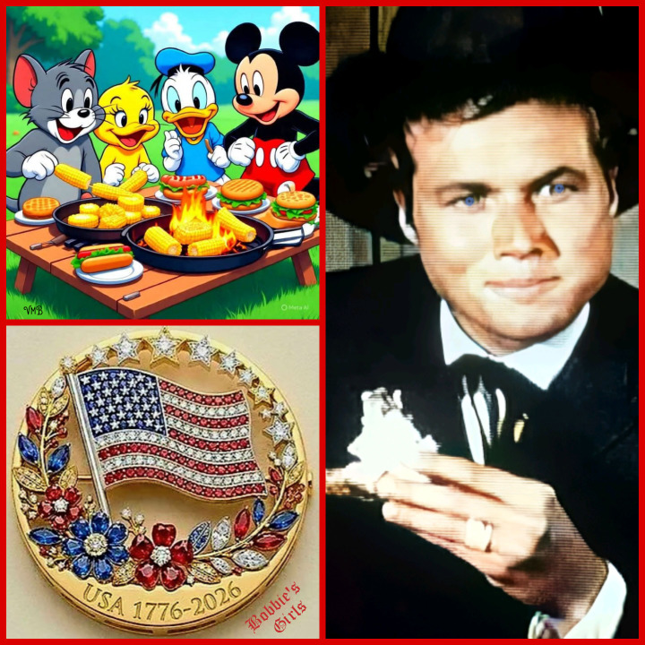 Collage with cartoon characters dining, a man in a tuxedo, and a patriotic American flag emblem