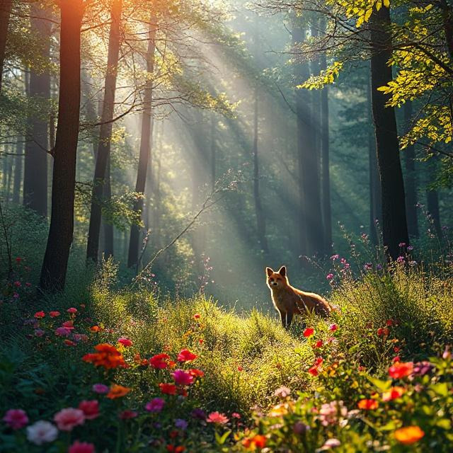 Fox in misty forest clearing with sunbeams and colorful flowers