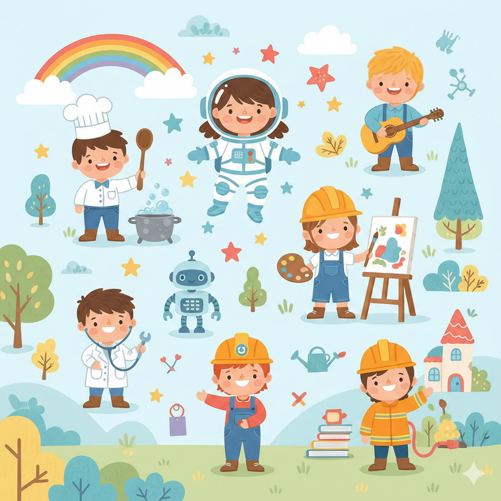 Cartoon children dressed as various professions such as chef, astronaut, doctor, painter, musician, engineer, and firefighter