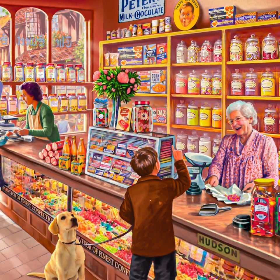 Illustrated vintage candy store interior with a child at the counter, two women, and a dog