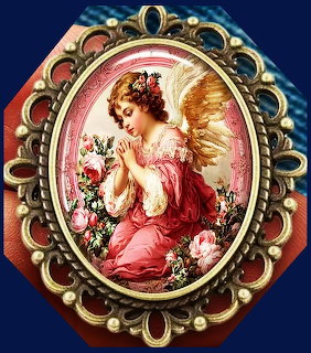 Ornate gold brooch with oval cameo painting of a praying angel girl among pink roses on a dark blue background