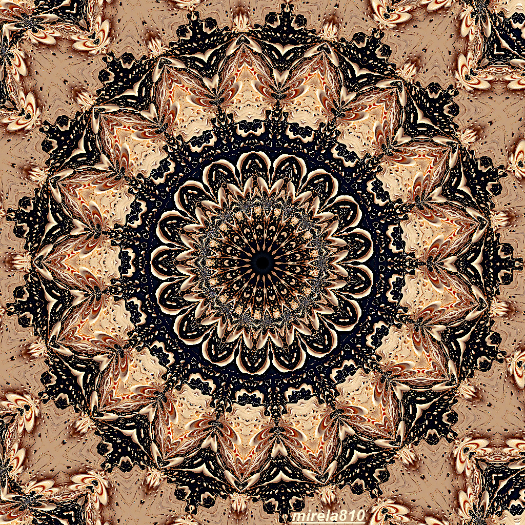 Intricate sepia floral mandala with ornate radial symmetry and a dark center