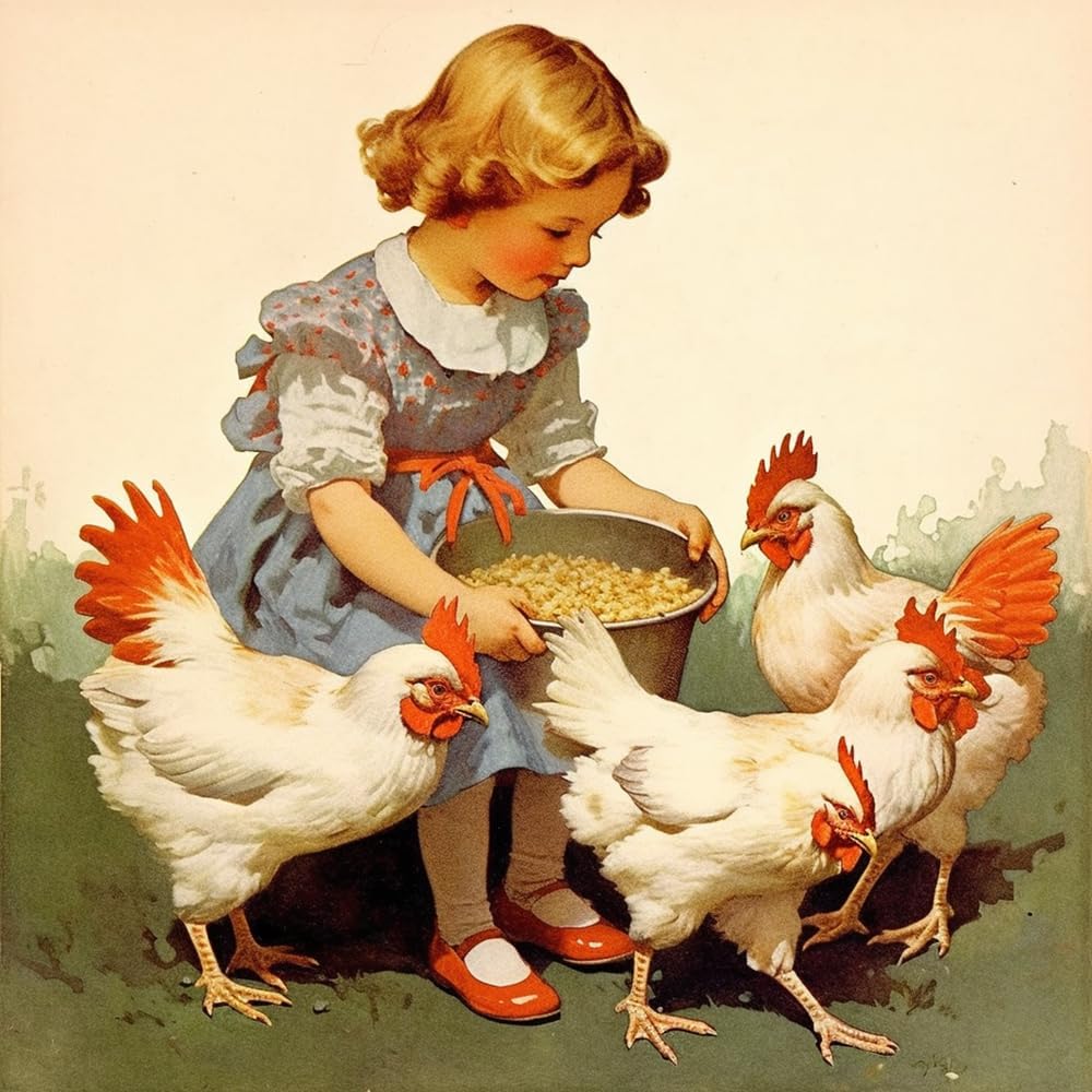Vintage illustration of a girl feeding three white hens with a bowl of grain