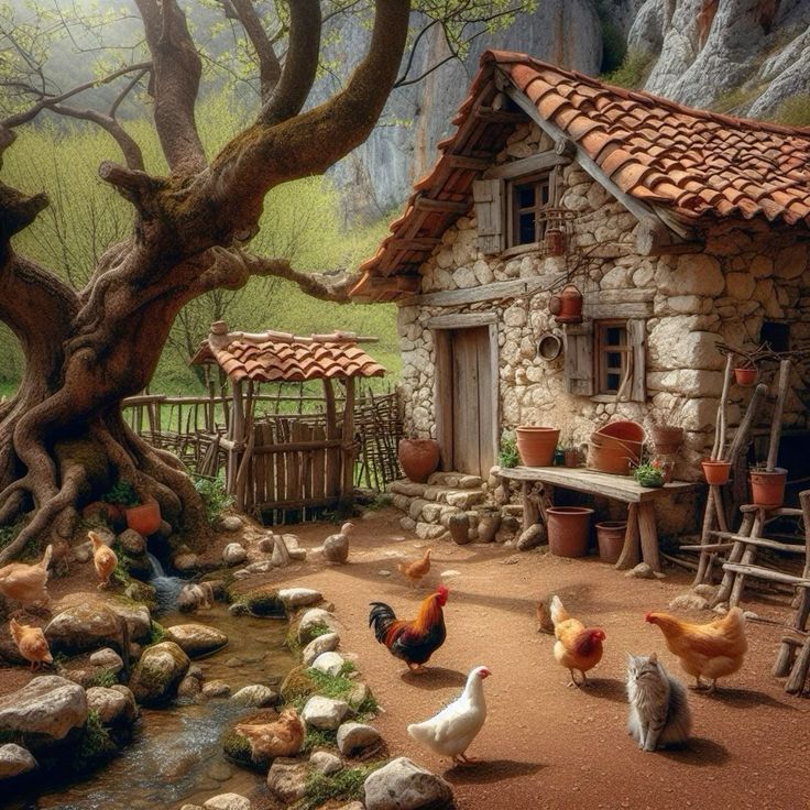 Rustic Stone Cottage with Chickens