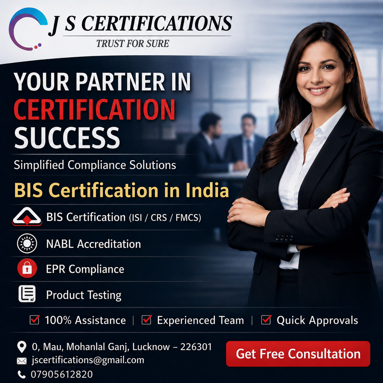 Businesswoman in a suit next to BIS Certification in India promotional text and icons