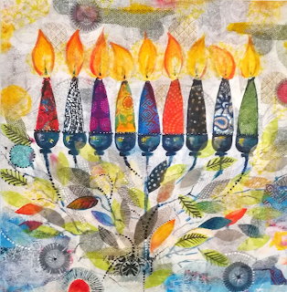 Artistic menorah with nine patterned candles and orange flames on textured colorful background