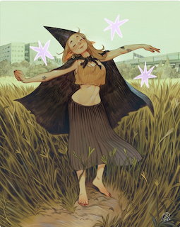 Illustrated girl in a witch hat and cape standing barefoot in a grassy field with pastel stars