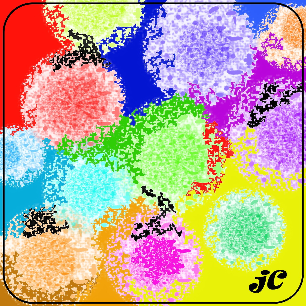Abstract art with colorful overlapping circles in various bright hues with textured dotted edges