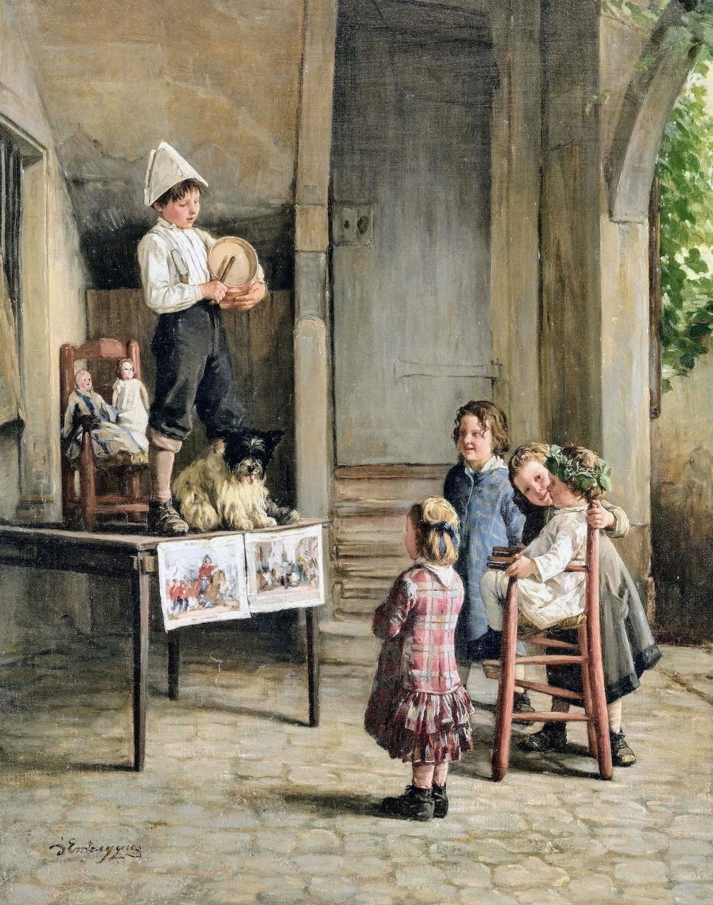 19th-century oil painting of children playing theater indoors with a dog and doll on a table