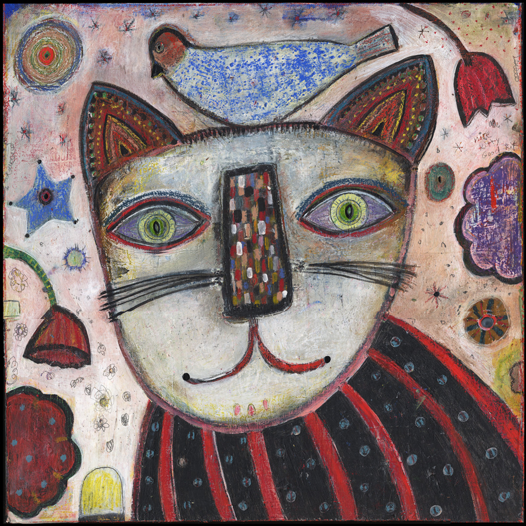 Folk art painting of a smiling white cat with green eyes, blue bird on head, surrounded by hearts and decorative elements
