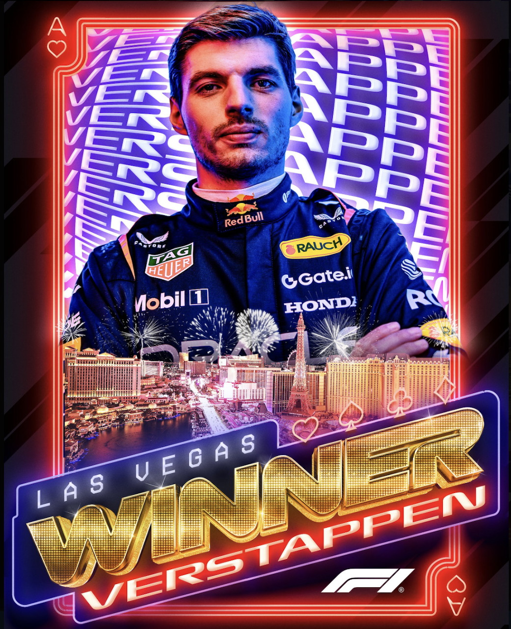 Max Verstappen F1 Las Vegas Grand Prix winner graphic with neon design and Red Bull Racing suit