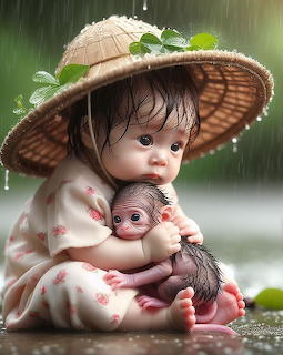 Child in straw hat holding hedgehog in gentle rain with green foliage background