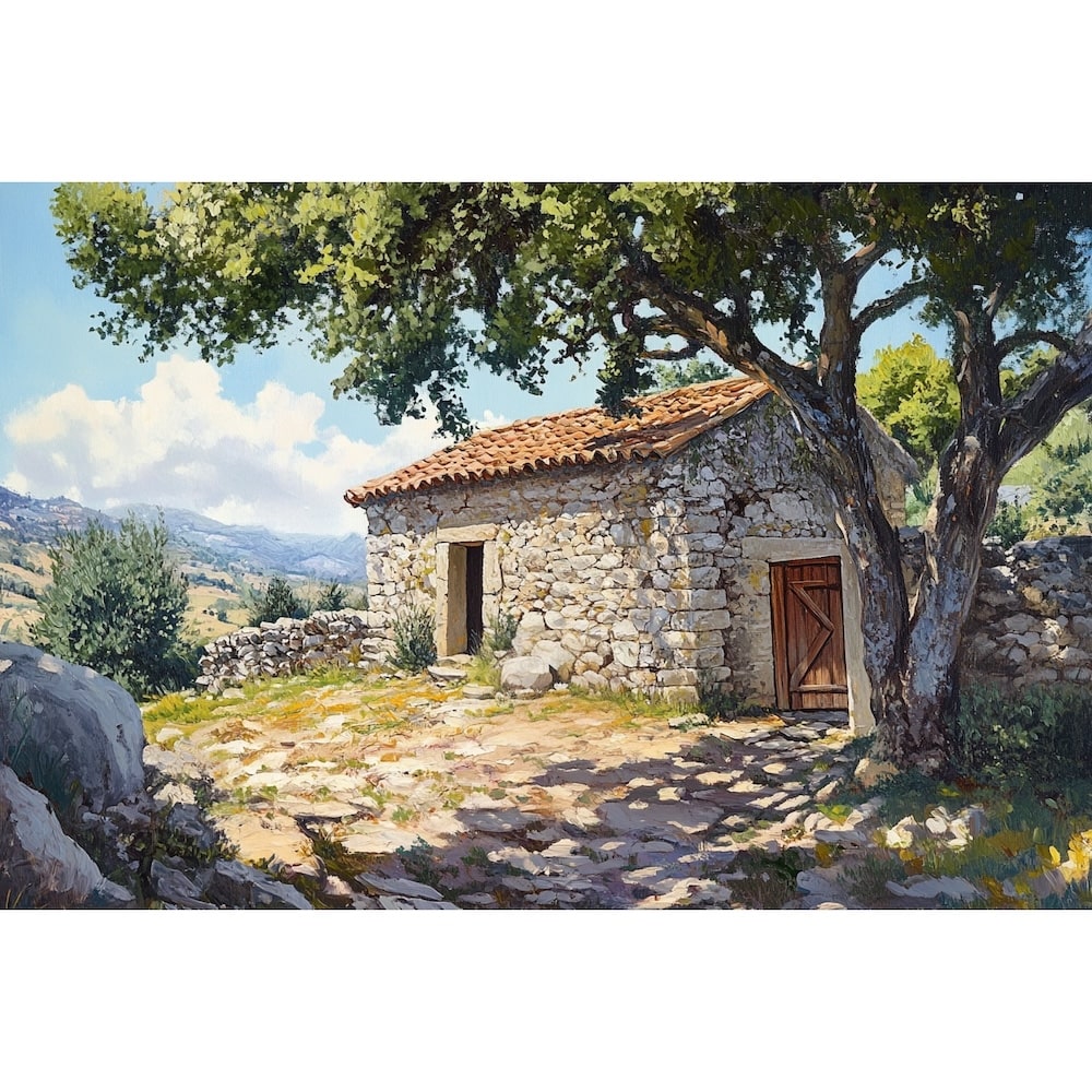 Small stone cottage with red tile roof under olive trees in sunny Mediterranean landscape