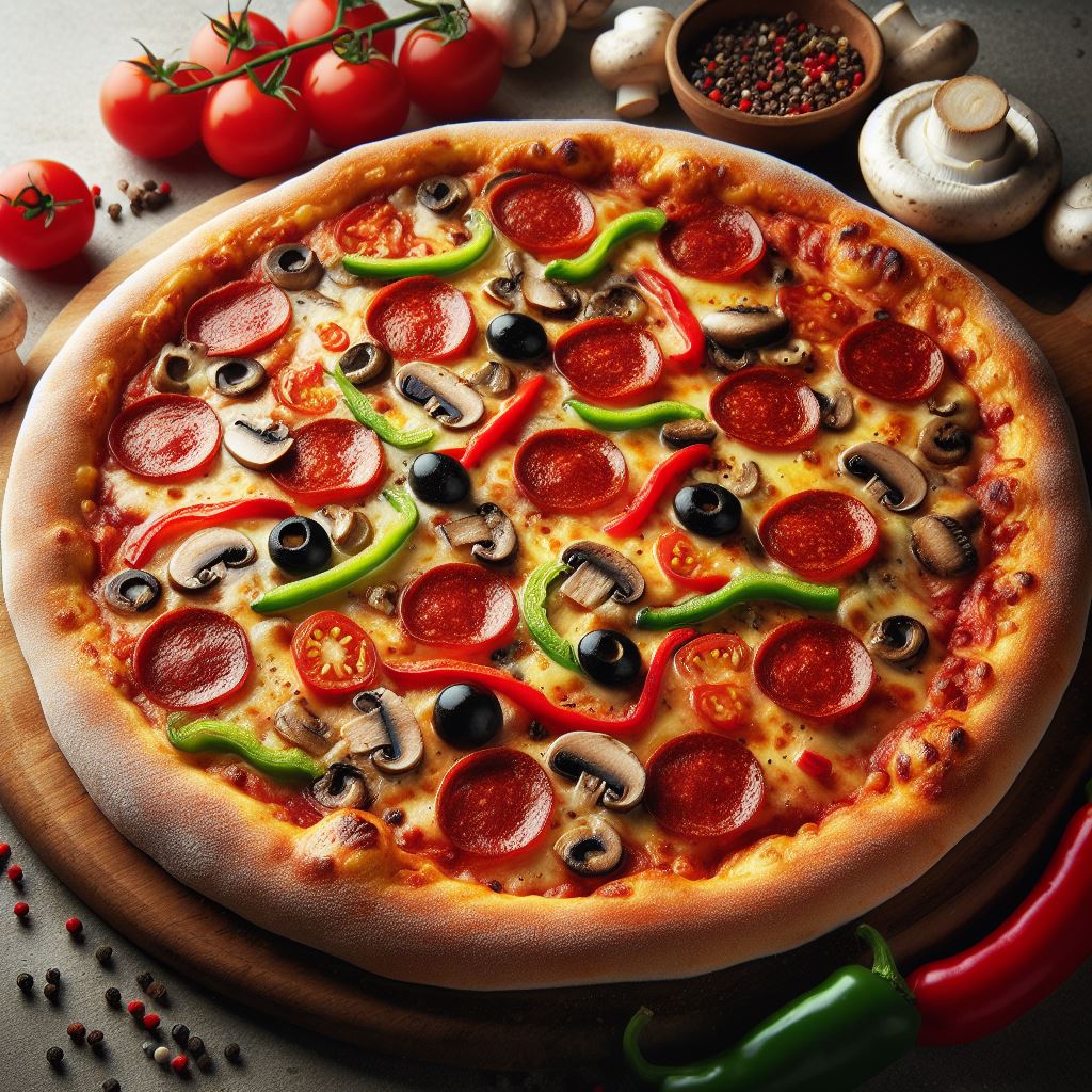 Pepperoni pizza with mushrooms, peppers, olives, and cheese on a wooden board with fresh tomatoes and mushrooms nearby
