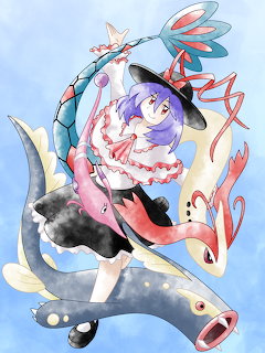 Anime girl with purple hair riding alongside a white serpentine Pokémon with colorful fins on light blue background