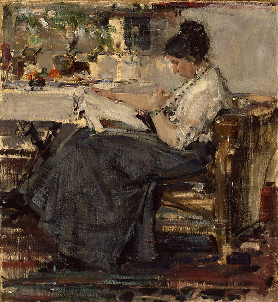 Impressionist painting of a woman seated reading, wearing a white blouse and dark skirt, by Fechin