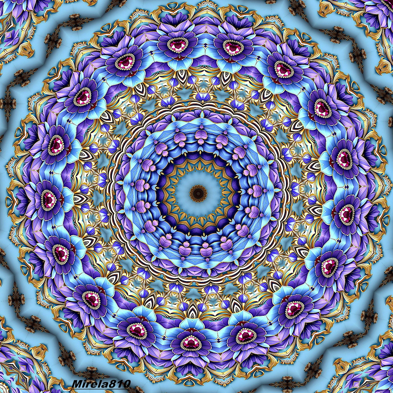 Symmetrical mandala with blue, purple, and gold ornate patterns in concentric circles