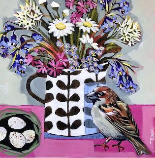 Painting of a sparrow next to a flower-filled vase and a bowl of eggs on a pink table