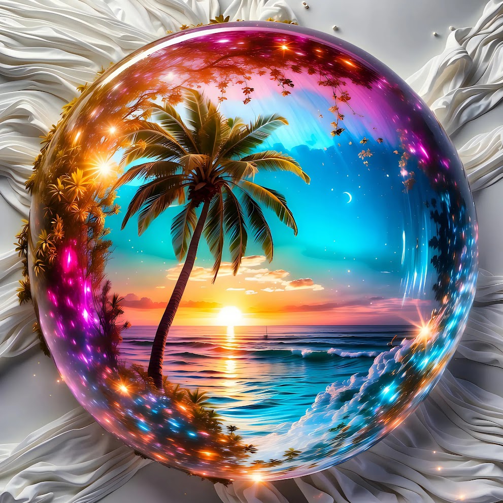 Crystal glass sphere reflecting a colorful tropical beach sunset with palm trees and ocean waves