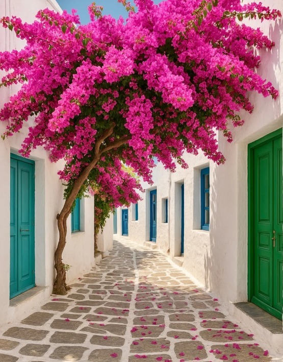 Bright pink bougainvillea tree over white Greek alley with blue and green doors and stone pavement