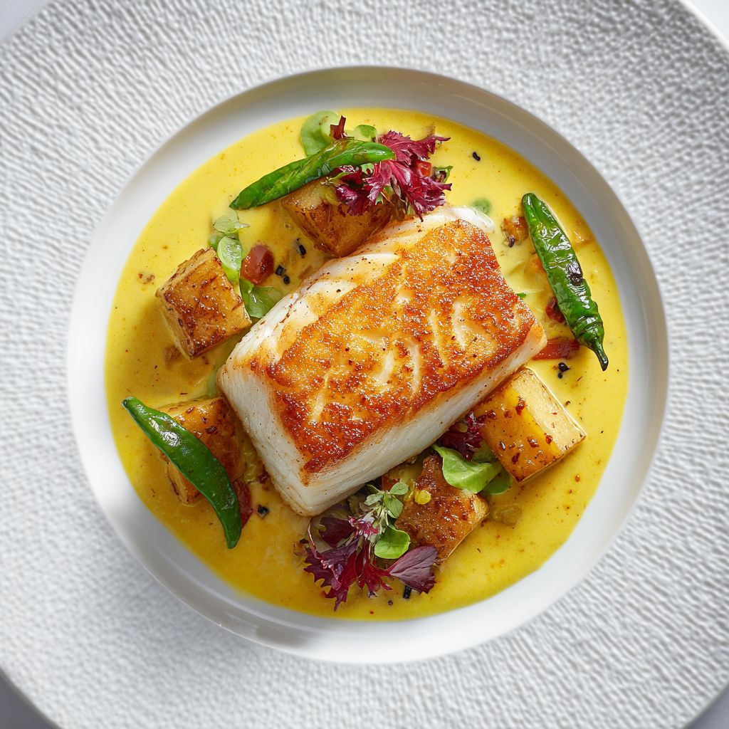 Overhead view of seared fish fillet on yellow saffron sauce with asparagus and croutons in white bowl