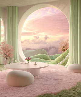 Sureal pastel room with curved furniture, oval window showing pink sky, green curtains, and cherry blossom trees