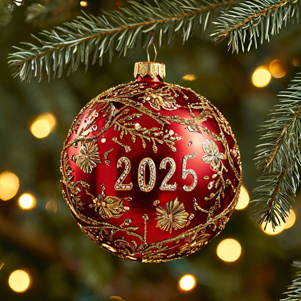 Red and gold Christmas ornament displaying 2025 hanging from pine branch