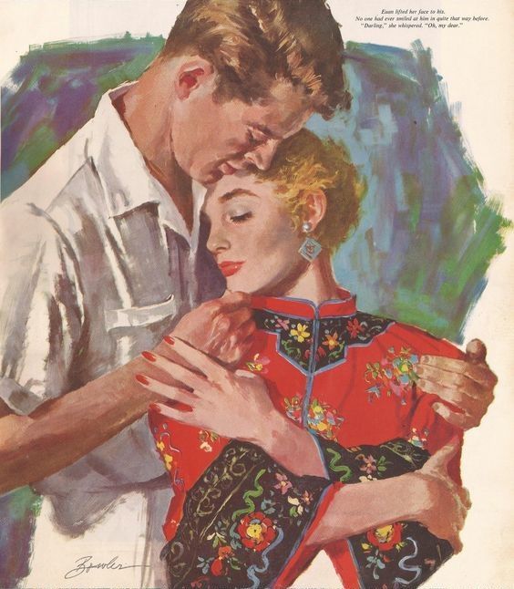 Vintage 1950s illustration of a woman in a Chinese-style patterned jacket