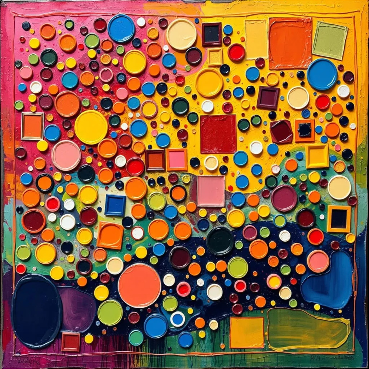 Abstract art with colorful circles and squares densely packed on yellow background with dark blue sections