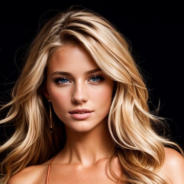 Portrait of blonde woman with wavy hair and blue eyes on black background
