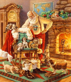 Santa Claus in red suit sitting with multiple white fluffy cats in a warm rustic room with fireplace and grandfather clock