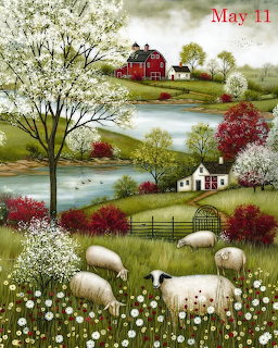 Pastoral spring scene with red barn on hill, white cottage, sheep in meadow with flowers, river and blooming trees