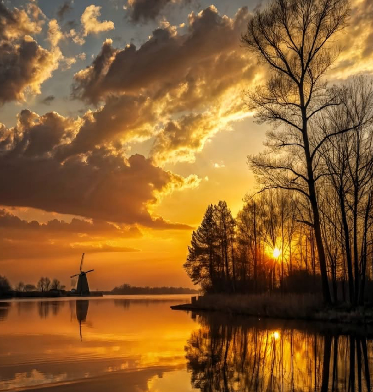 Windmill silhouette at sunset with golden clouds reflected in a calm lake, bare trees line the shore