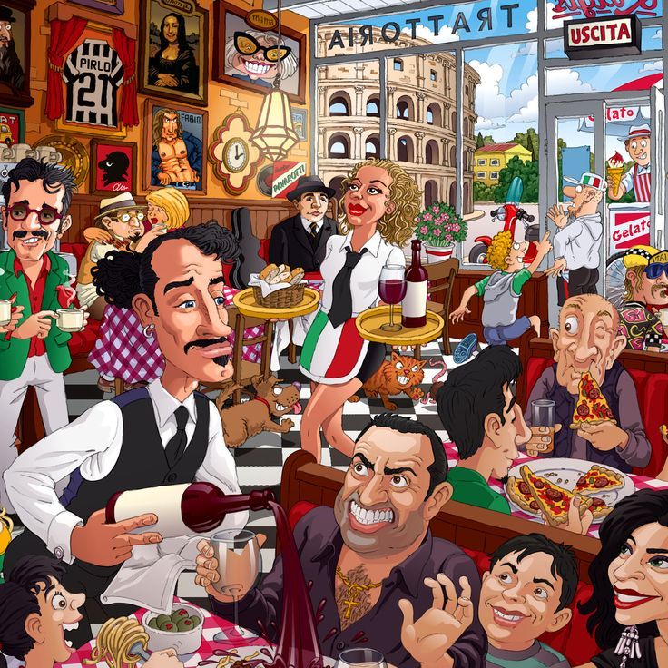 Cartoon illustration of crowded restaurant with many animated characters dining at tables