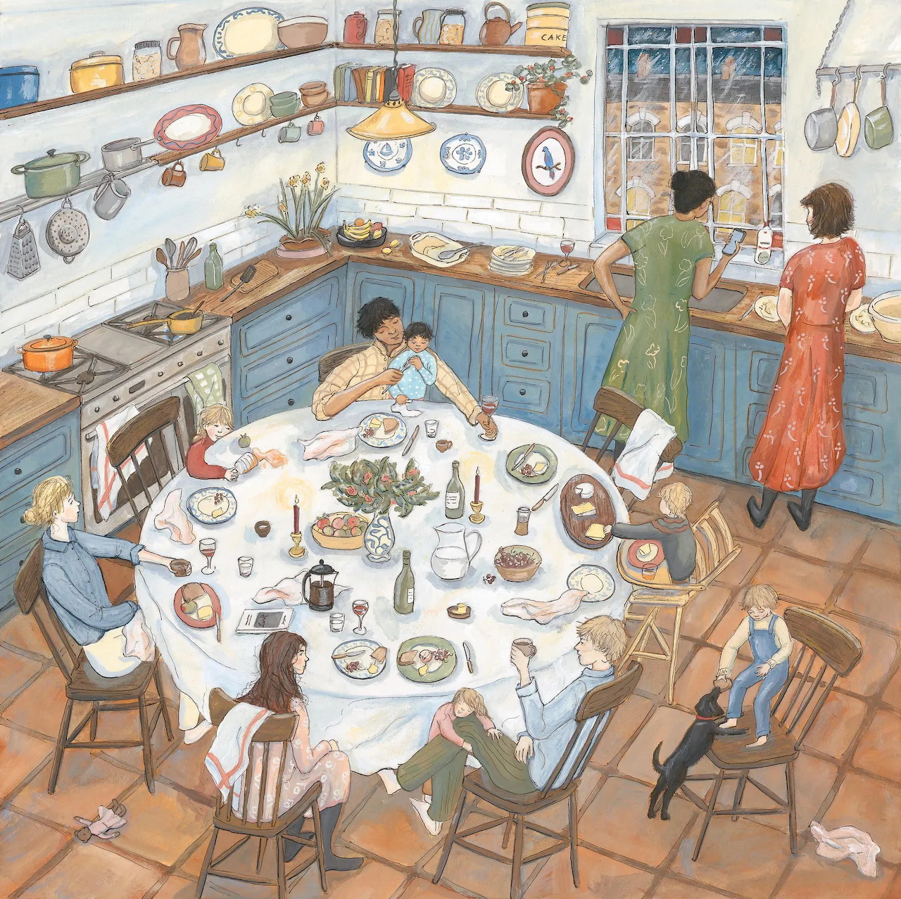 Illustration of a family seated around a table in a cozy kitchen while two women stand at the counter