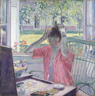 Impressionist painting showing woman in pink dress seated at table near window with garden view