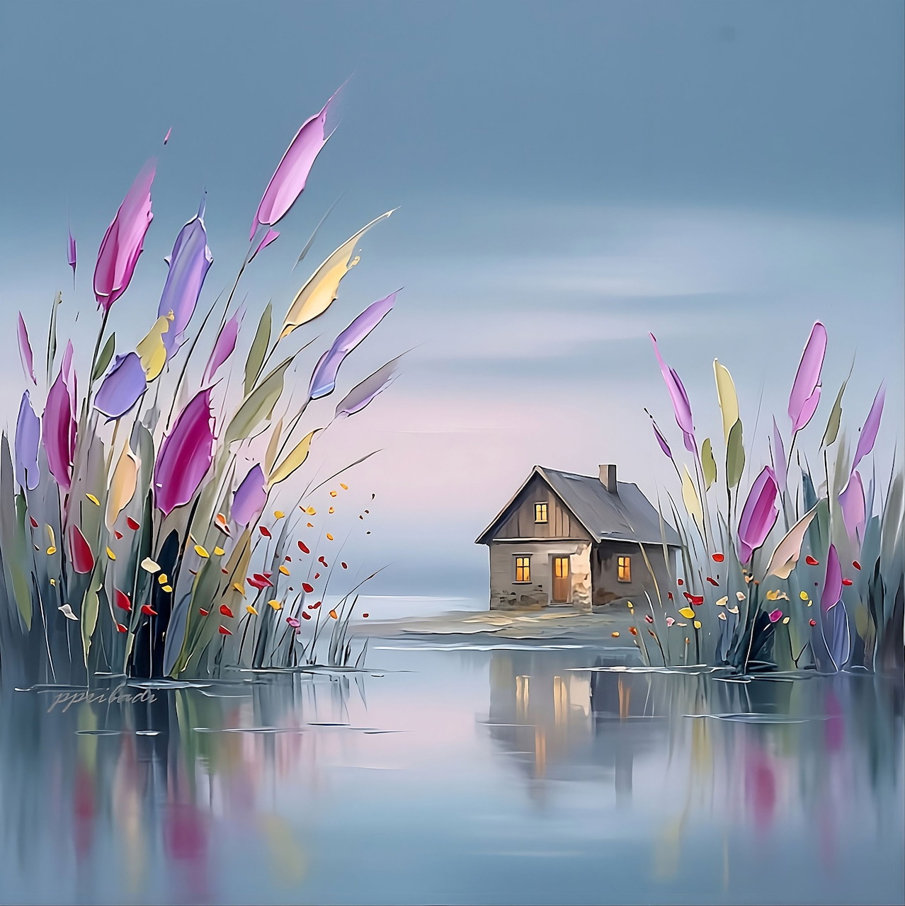Serene painting of cottage on water surrounded by pink and white flowers with reflections