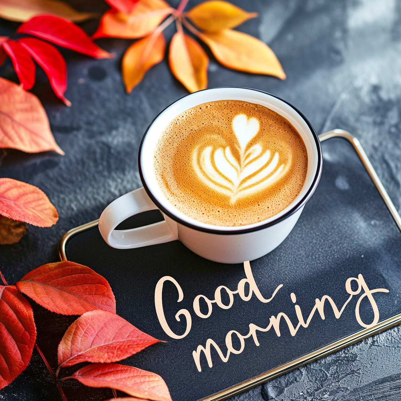 Latte with decorative foam art in white cup on dark surface surrounded by colorful autumn leaves