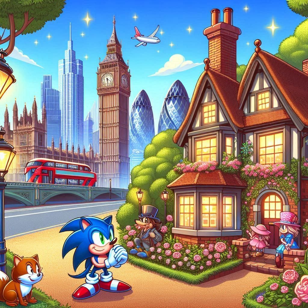Cartoon of Sonic and Tails near a cottage with Big Ben and a red bus in a London city scene