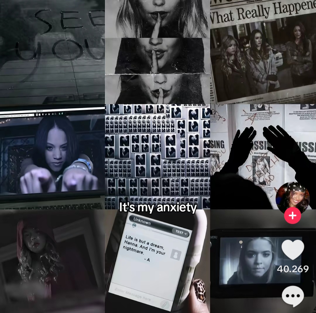 dark collage of moody portraits, posters, text snippets, and phone screens in a grid