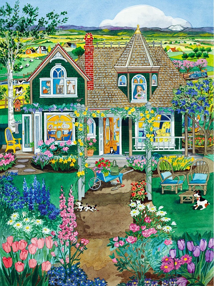 Victorian cottage with lush flower garden, path, fence, hills and sky in folk art style