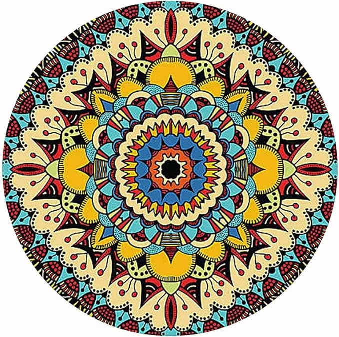 Colorful circular mandala with intricate symmetrical geometric patterns in yellow, blue, and red