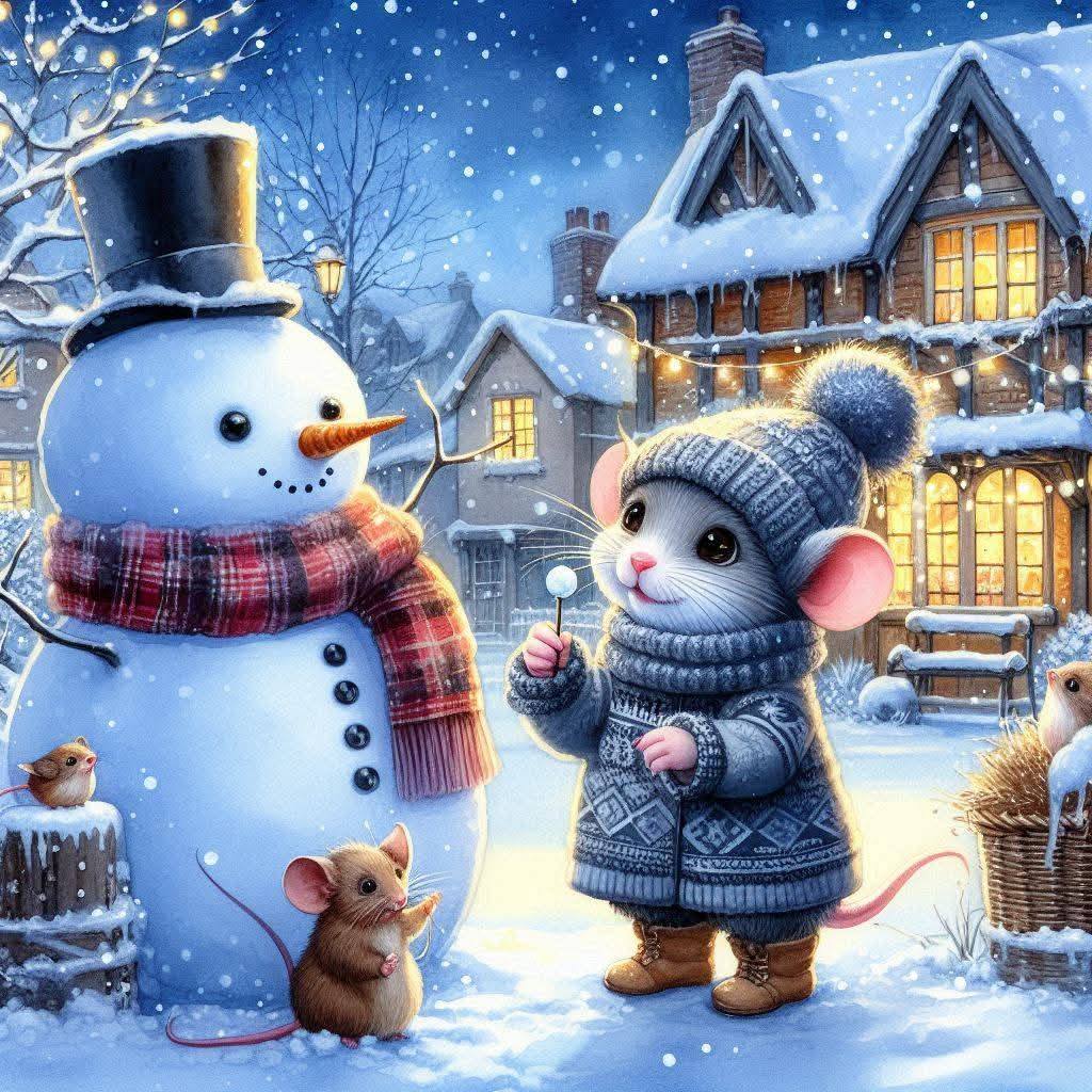 Snowman with plaid scarf and mouse in sweater standing in snowy village at night with illuminated cottages