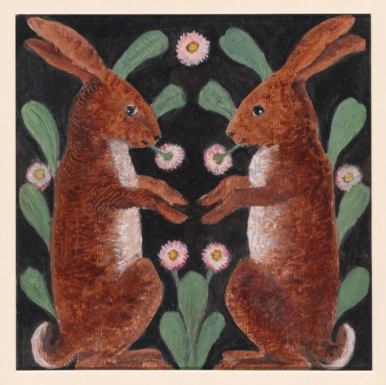 Painting of two brown hares facing each other with flowers and leaves on a dark background