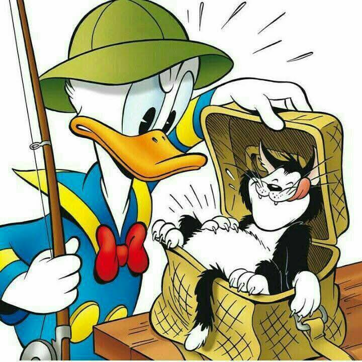 Donald Duck in green hat and blue shirt standing with fishing rod beside a black and white cat in yellow basket