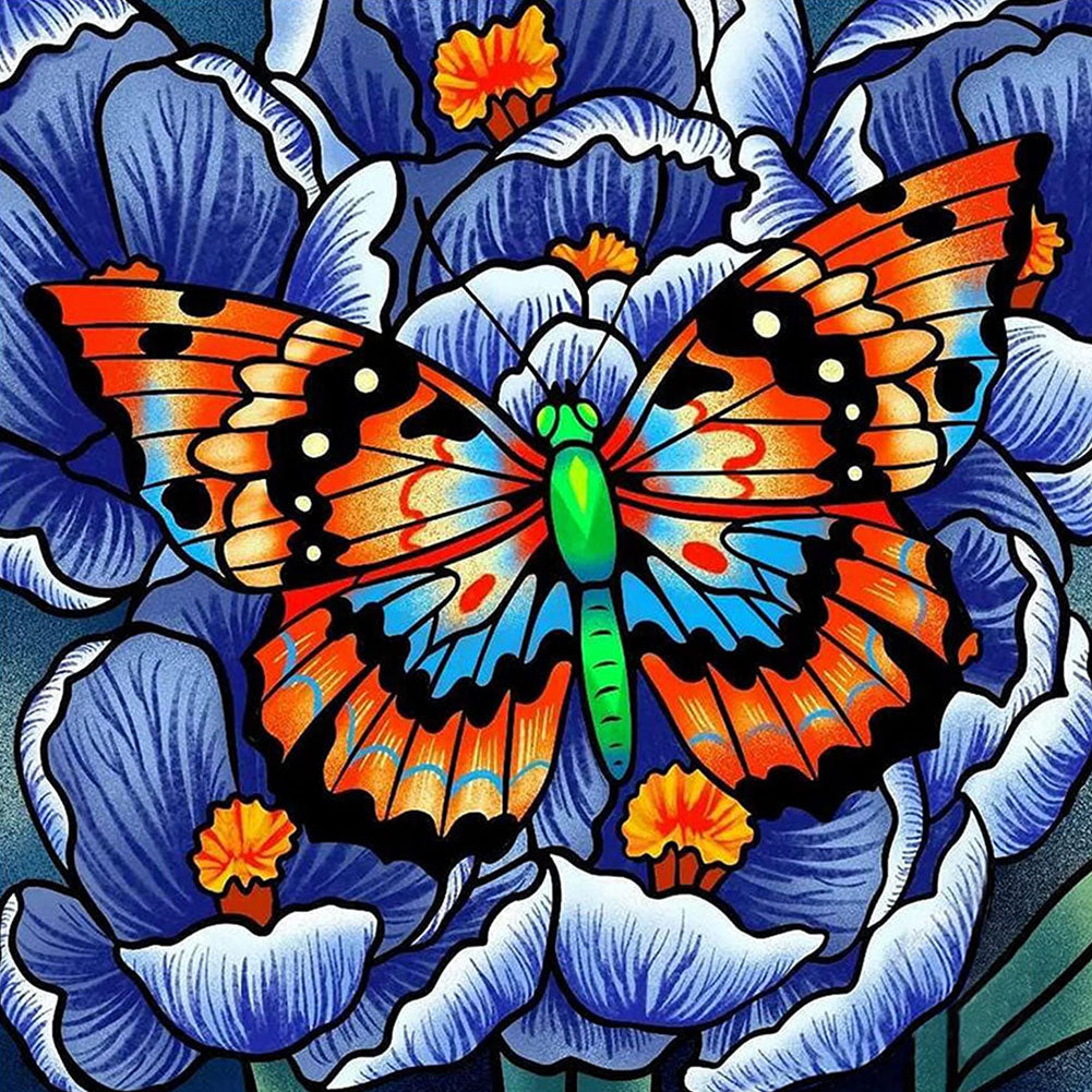 Colorful butterfly with orange and blue wings on blue flowers
