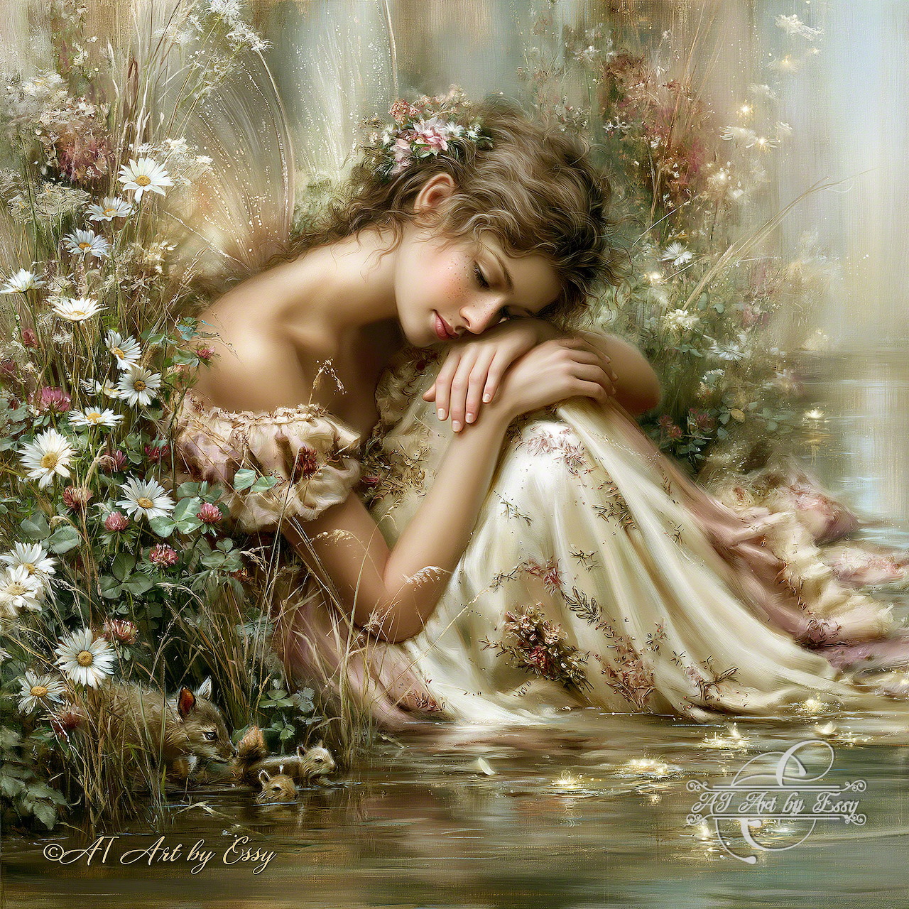 Romantic painting of a young woman in a floral dress sitting by water among flowers