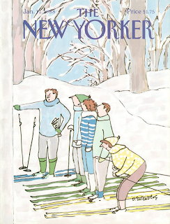 New Yorker cover illustration of cross-country skiers stretching on a snowy trail among bare trees