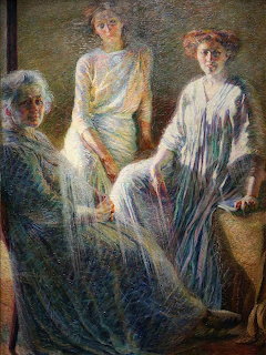 Painting of three women in elegant dresses seated together in impressionist style by Boccioni
