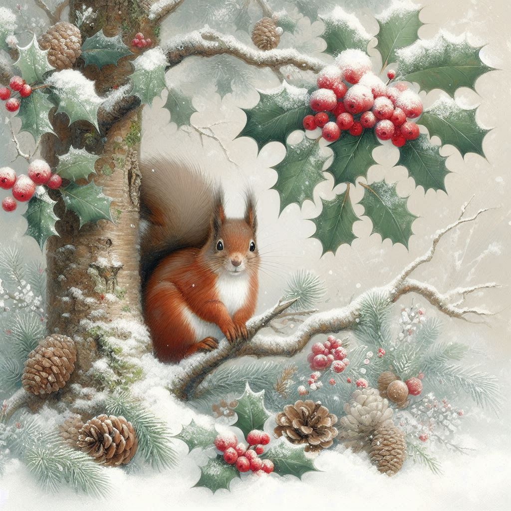 Red Squirrel Winter Holly